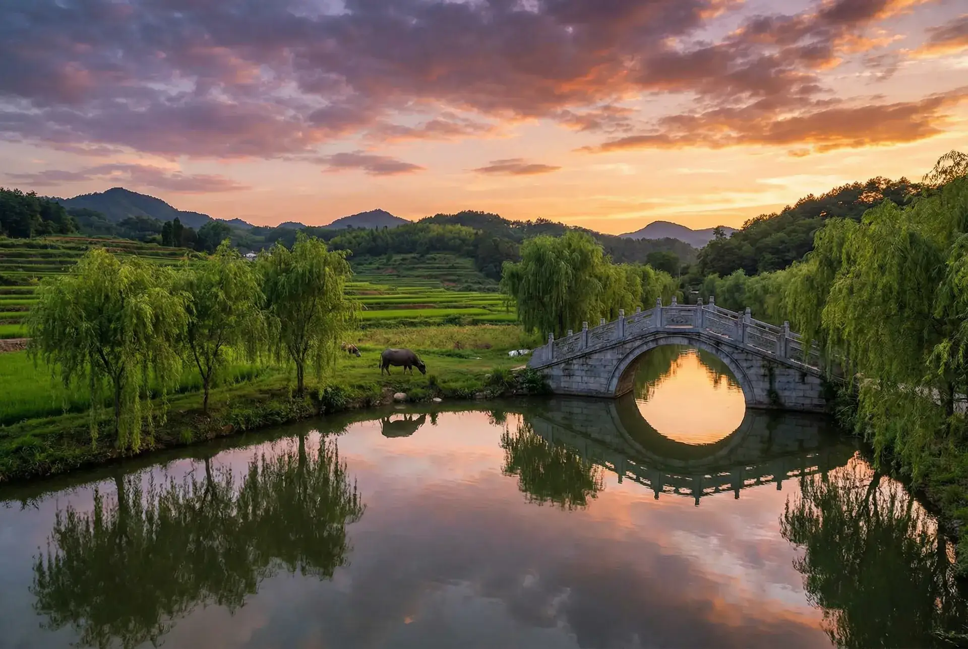 夕阳下的石拱桥与垂柳，水牛在河边吃草 - 豺狼社区 乡村美景